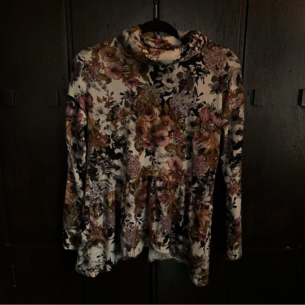 DressBarn - Floral Long Sleeves Sweater with Flounce Hem and Knit Cowl Neck Top